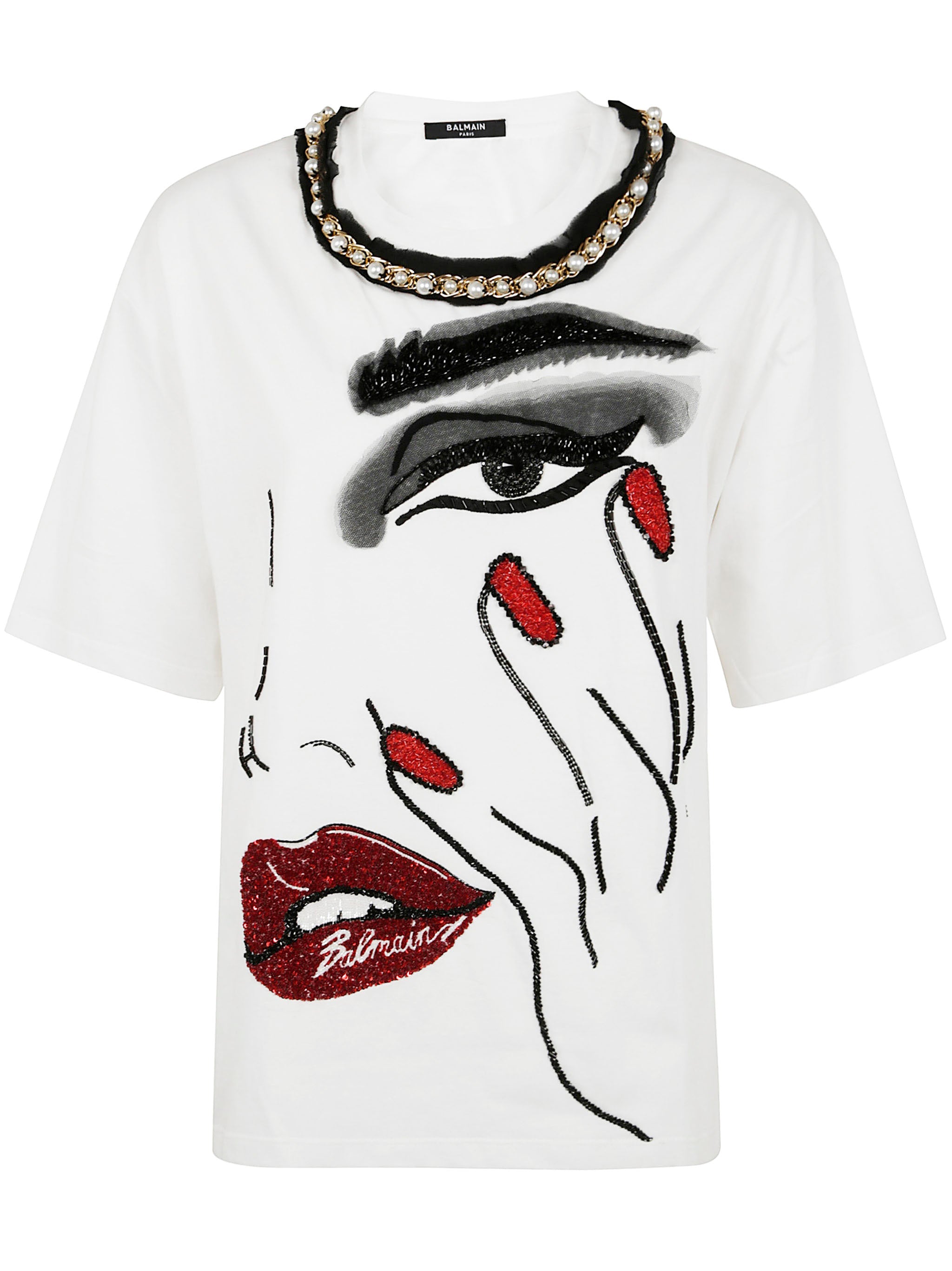Balmain Women Pearls Chains Details Partial Face T-Shirt