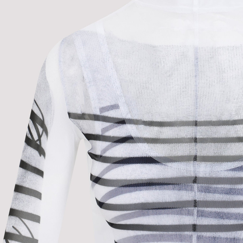 Jean Paul Gaultier Spandex Mesh Printed Feathers Mariniere Mini Dress Women