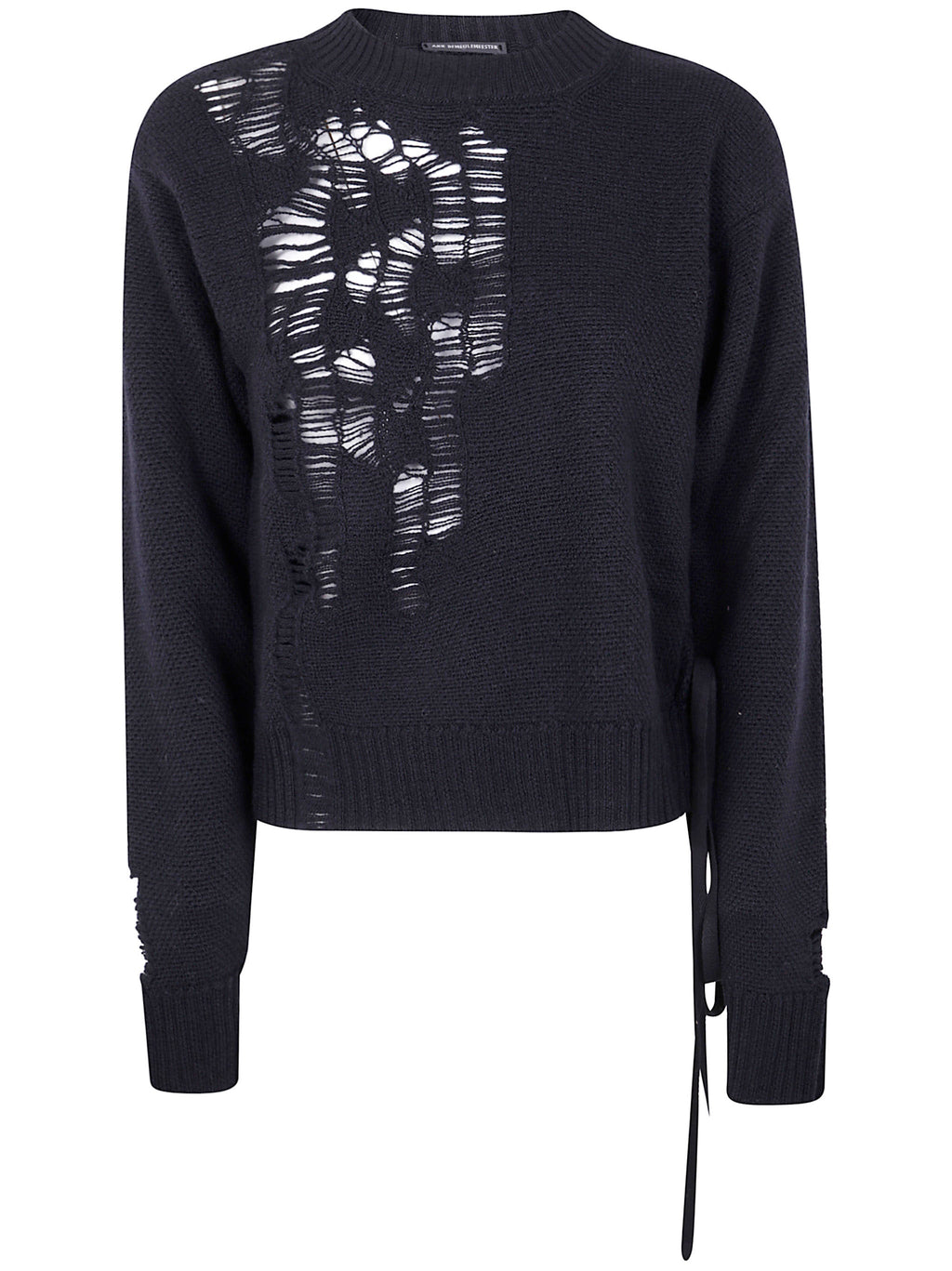 Ann Demeulemeester Women "Gabriela" Destroyed Seed Stitch Crew Neck Sweater With Drawstrings