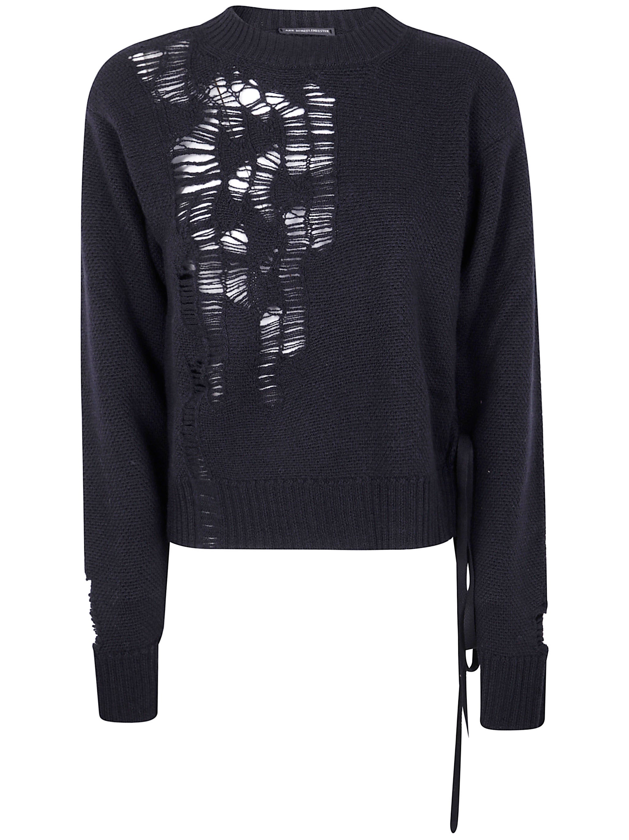 Ann Demeulemeester Women "Gabriela" Destroyed Seed Stitch Crew Neck Sweater With Drawstrings