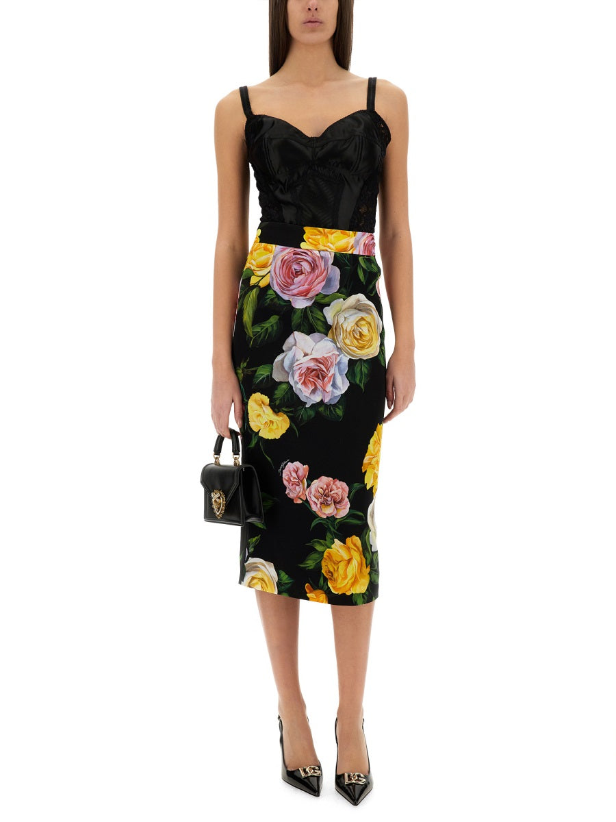 Dolce & Gabbana Women Peony And Rose Print Charmeuse Longuette Skirt