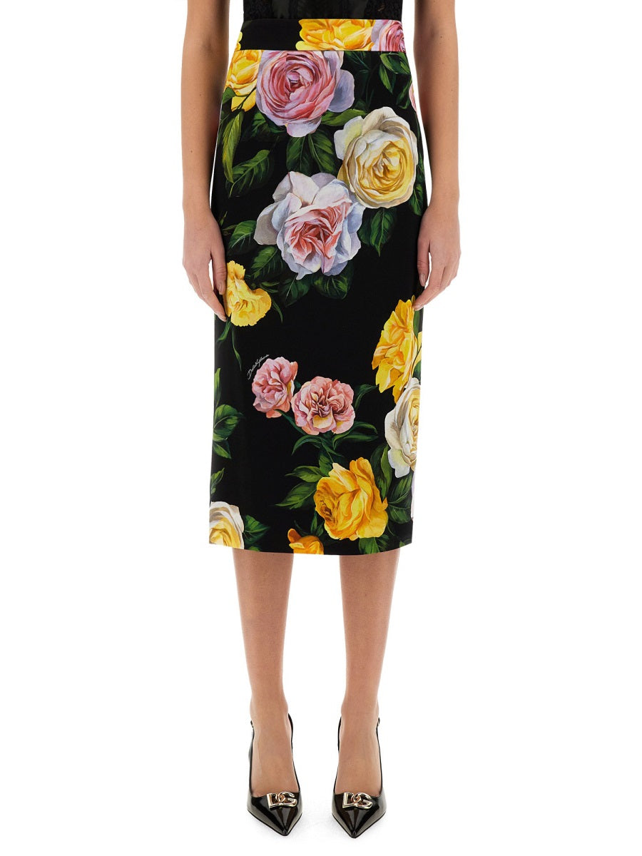 Dolce & Gabbana Women Peony And Rose Print Charmeuse Longuette Skirt