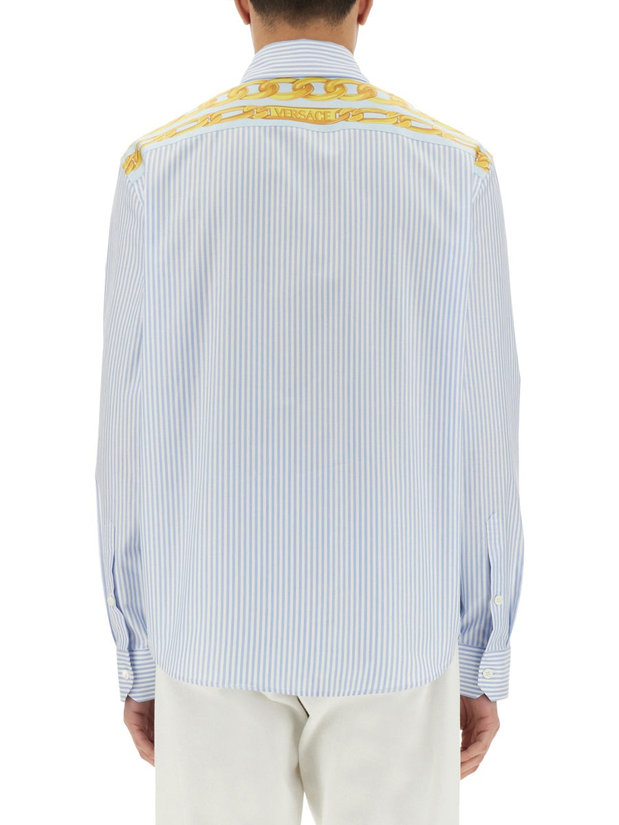 Versace Men Striped Shirt With Silk Printed Insert