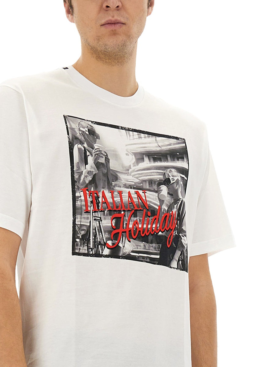 Dolce & Gabbana Men Cotton T-Shirt With "Italian Holiday" Print