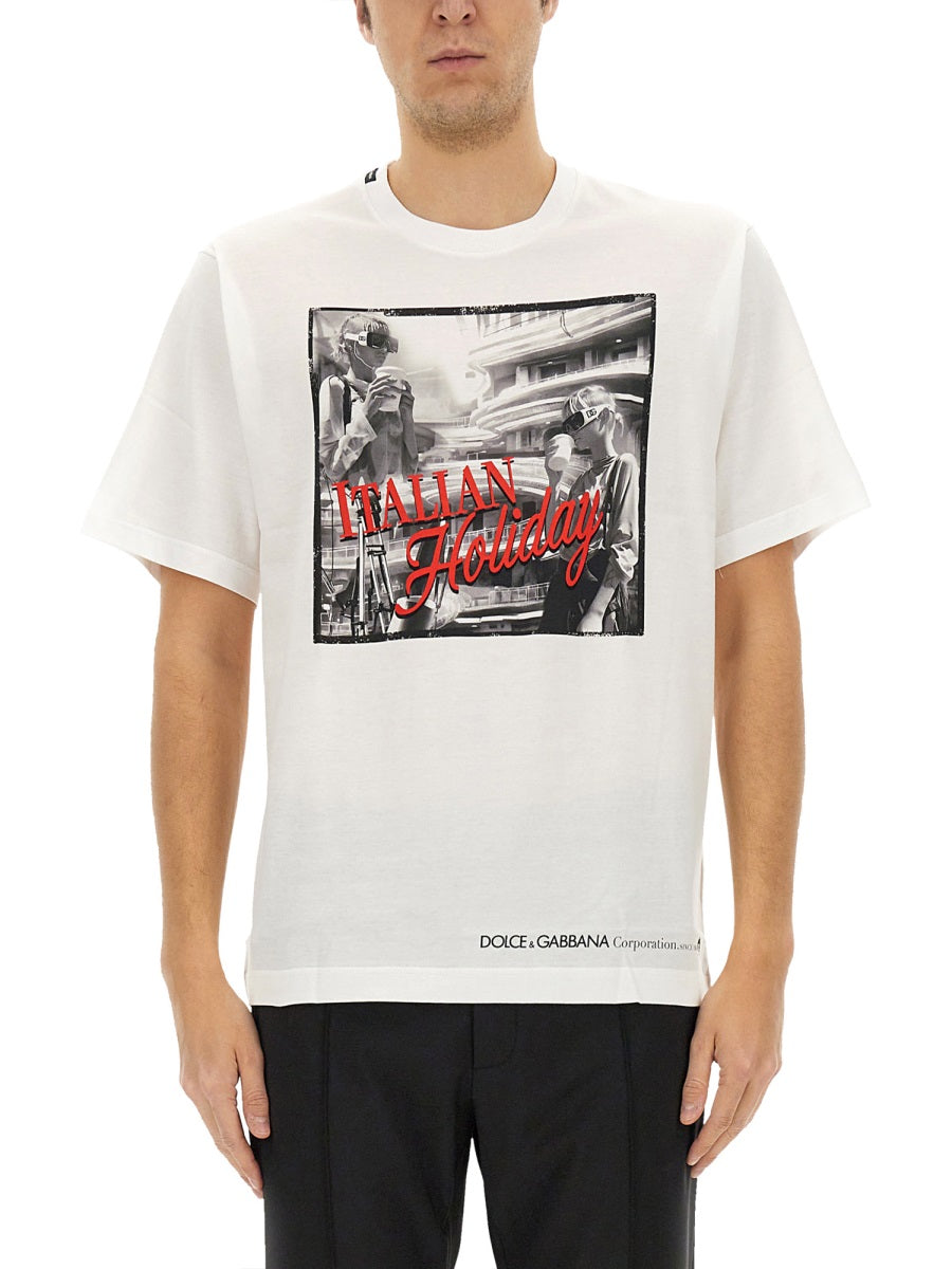 Dolce & Gabbana Men Cotton T-Shirt With "Italian Holiday" Print