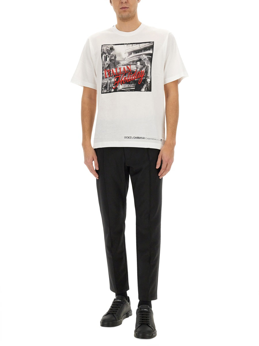 Dolce & Gabbana Men Cotton T-Shirt With "Italian Holiday" Print