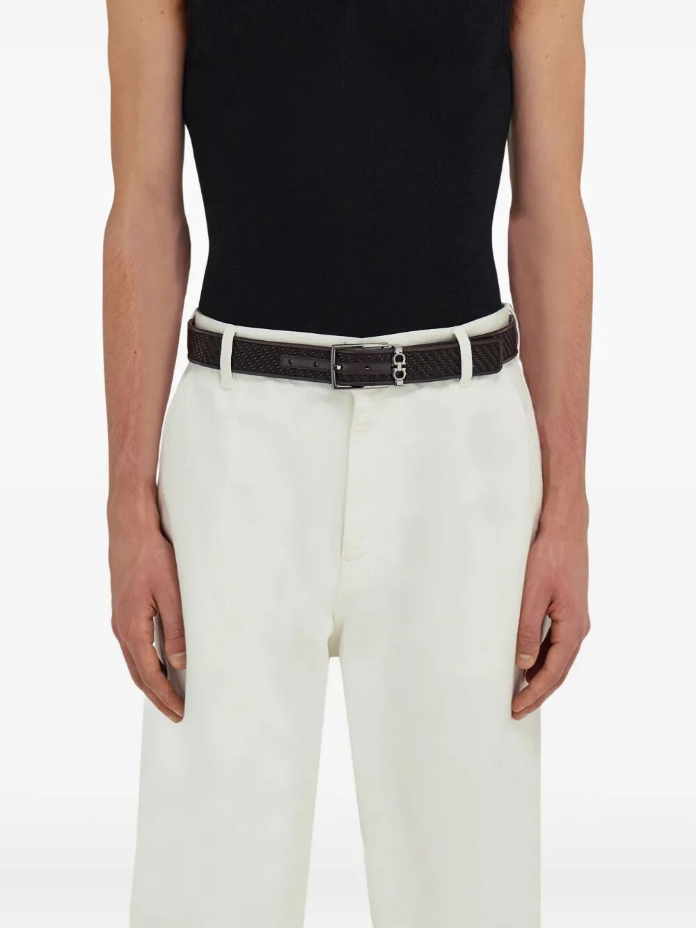 Ferragamo Men Basketweave Effect Leather Belt With Square Buckle