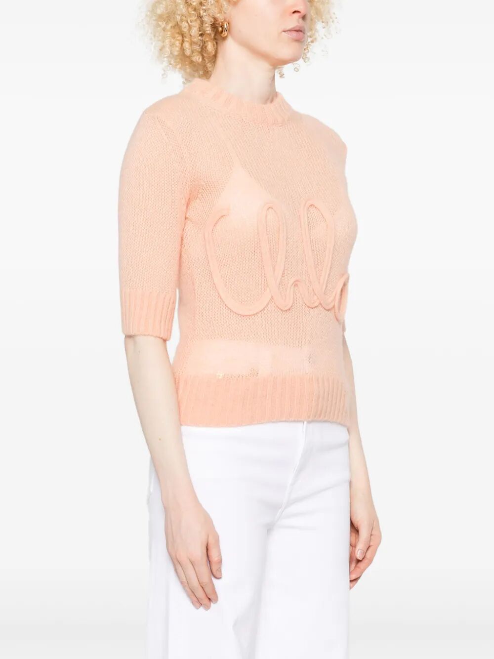 Chloe Women Alpaca Wool And Silk Knit Elbow-Sleeve Logo Sweater