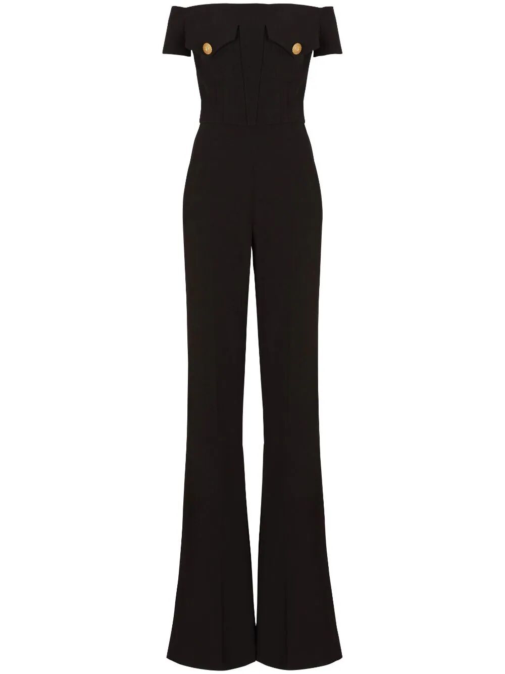 Balmain Women Off-Shoulders Flare Crepe Jumpsuit