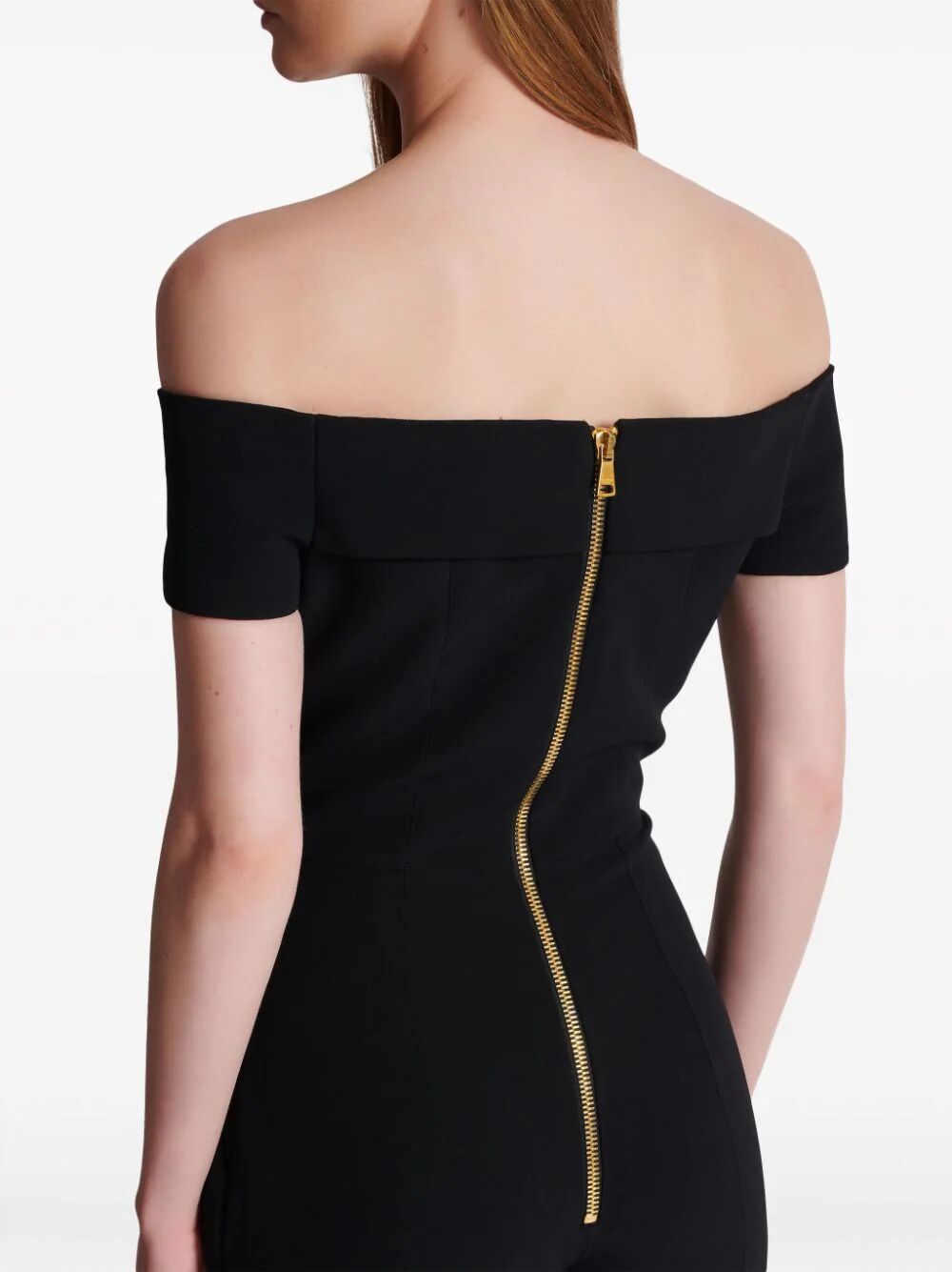 Balmain Women Off-Shoulders Flare Crepe Jumpsuit