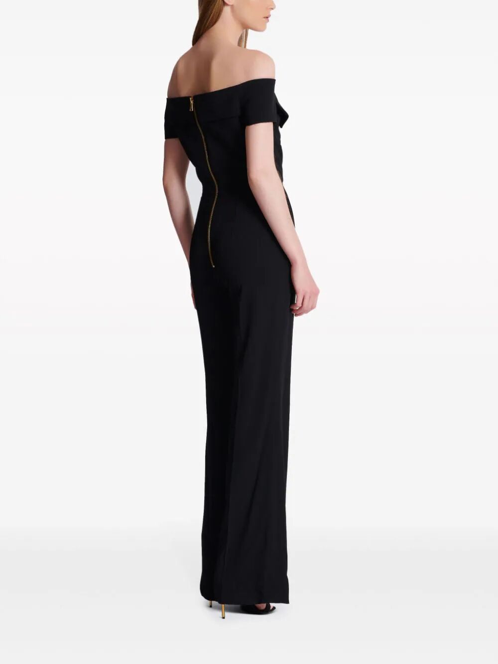 Balmain Women Off-Shoulders Flare Crepe Jumpsuit