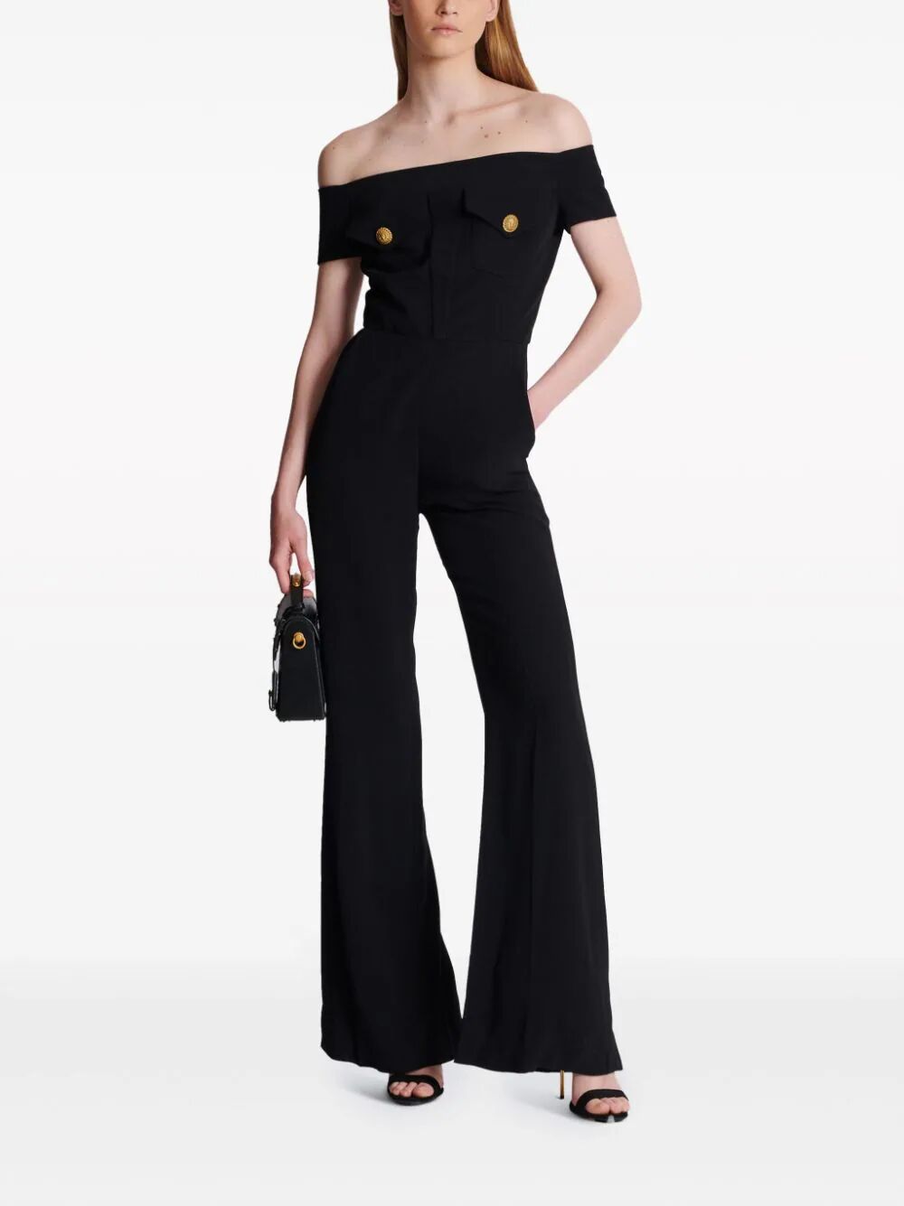 Balmain Women Off-Shoulders Flare Crepe Jumpsuit