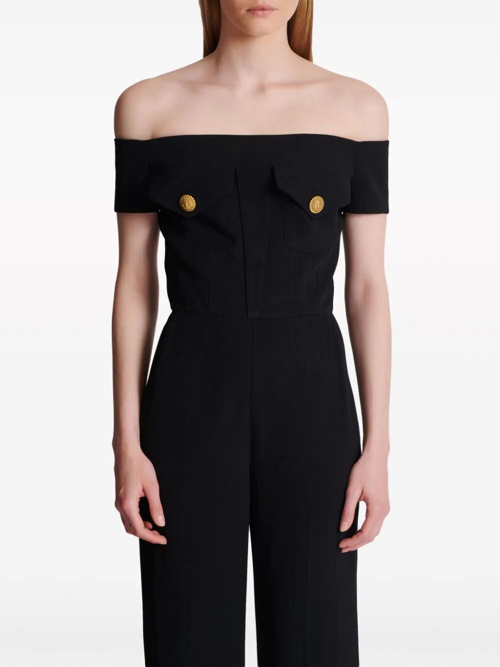 Balmain Women Off-Shoulders Flare Crepe Jumpsuit