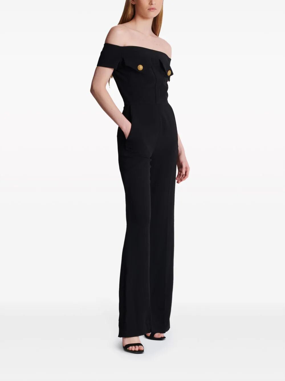 Balmain Women Off-Shoulders Flare Crepe Jumpsuit