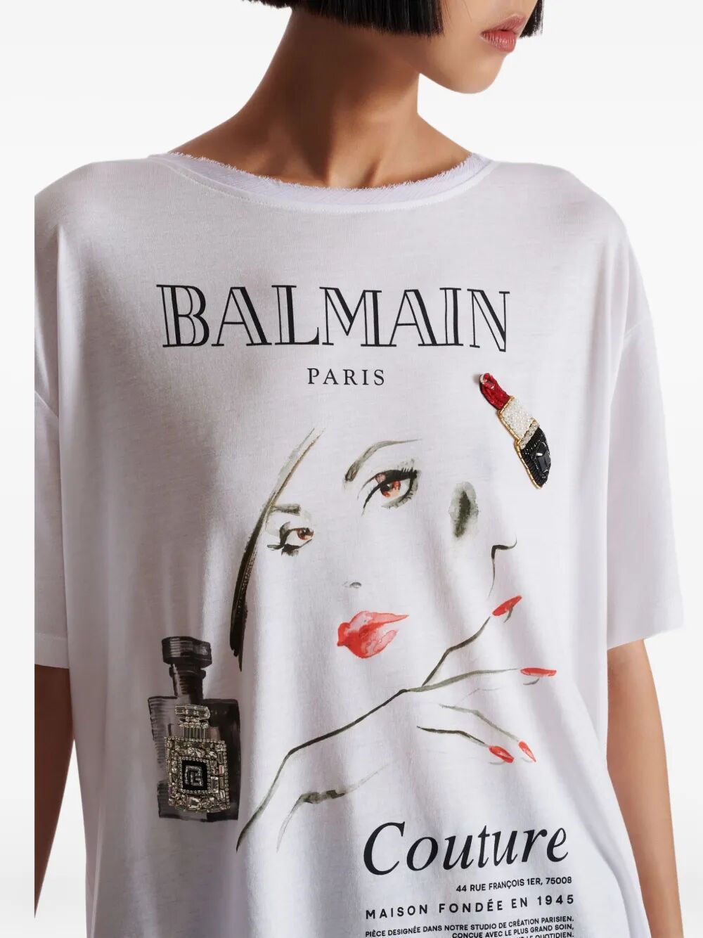 Balmain Women Balmain Beauty Print Embroidery Patches T-Shirt