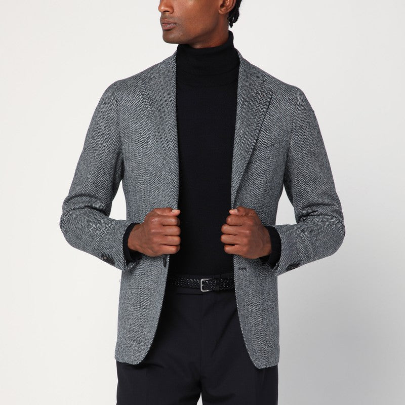 Tagliatore Grey Single-Breasted Jacket Herringbone Pattern Men