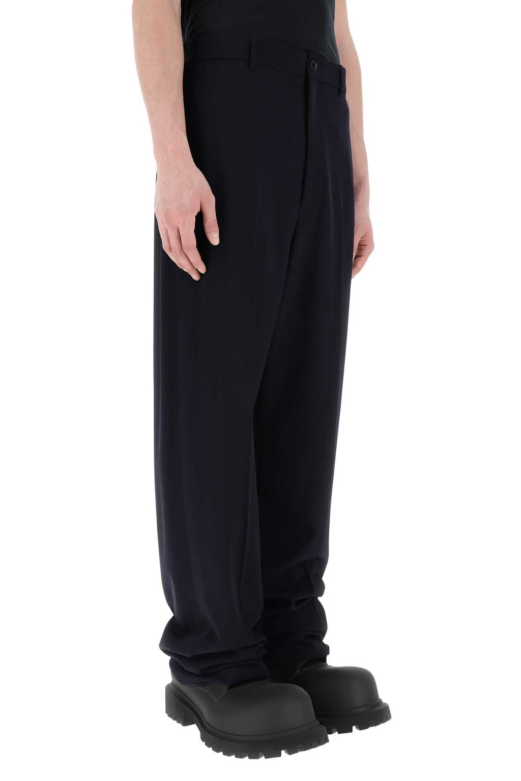 Balenciaga Men Navy Blue Twill Wide-Leg Pant