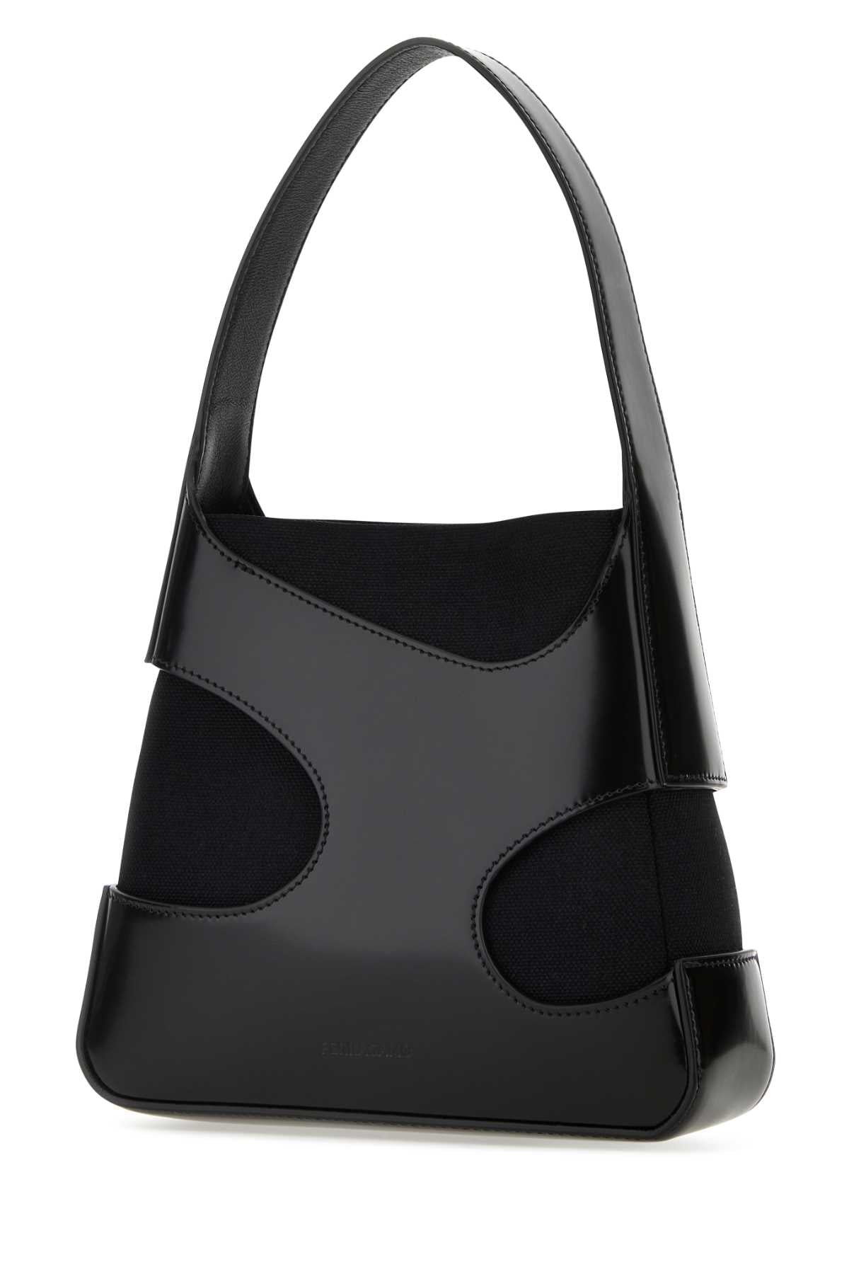 Bolsa Salvatore Ferragamo feminina preta em couro e lona com recortes, tamanho P.