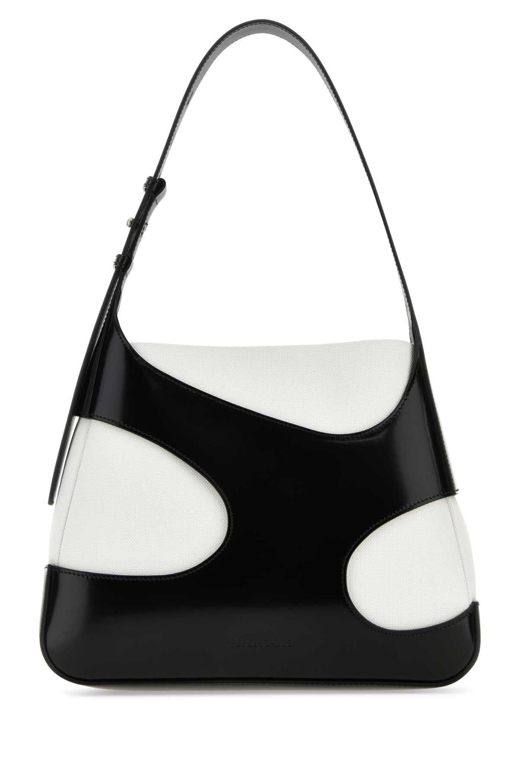 Bolsa de ombro feminina Salvatore Ferragamo tamanho G, bicolor, em couro e lona com recortes.