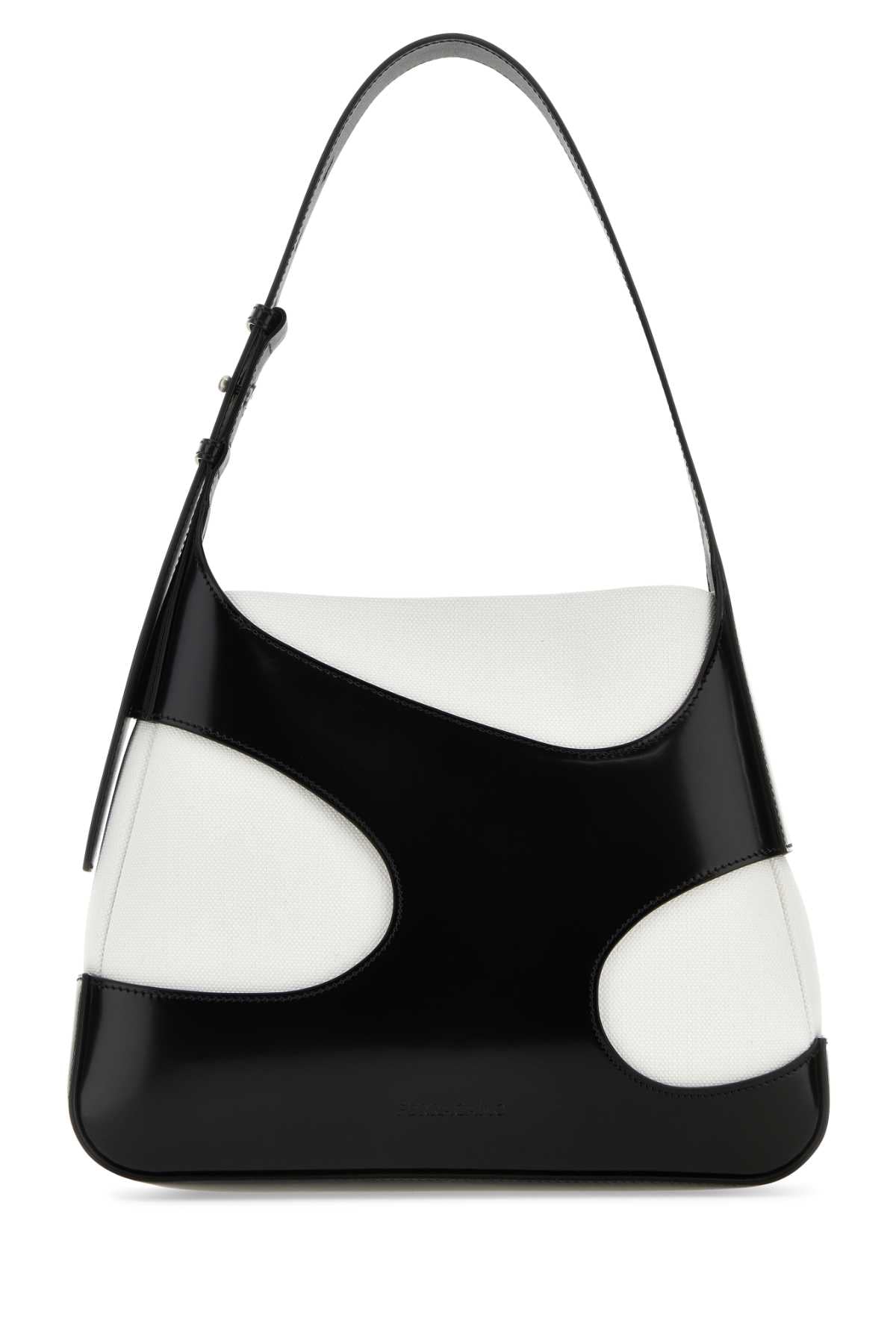 Bolsa de ombro feminina Salvatore Ferragamo tamanho G, bicolor, em couro e lona com recortes.