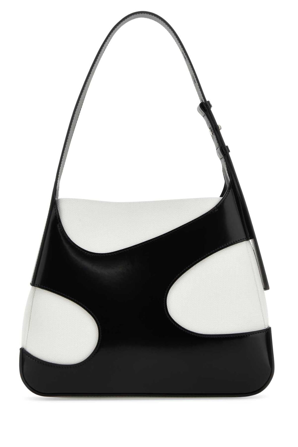 Bolsa de ombro feminina Salvatore Ferragamo tamanho G, bicolor, em couro e lona com recortes.