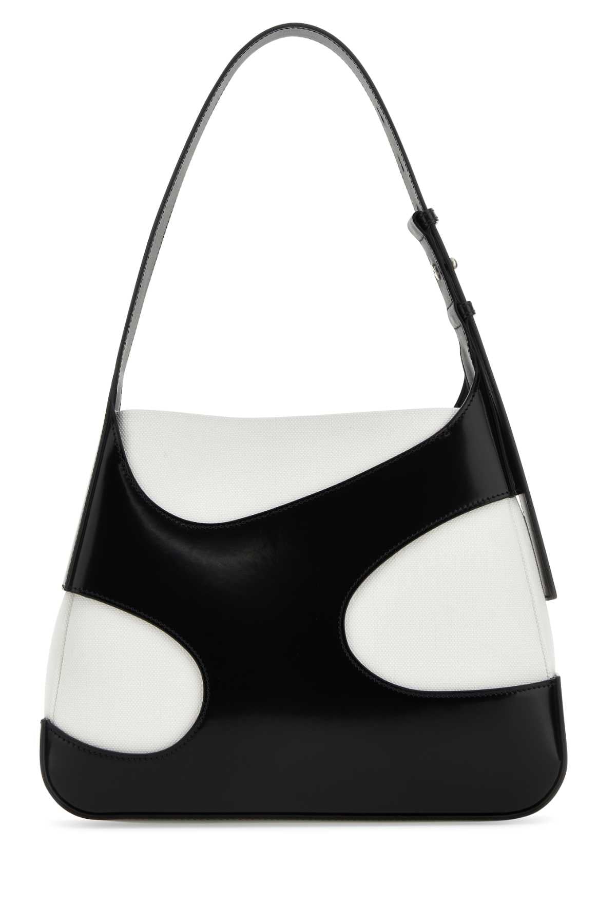 Bolsa de ombro feminina Salvatore Ferragamo tamanho G, bicolor, em couro e lona com recortes.