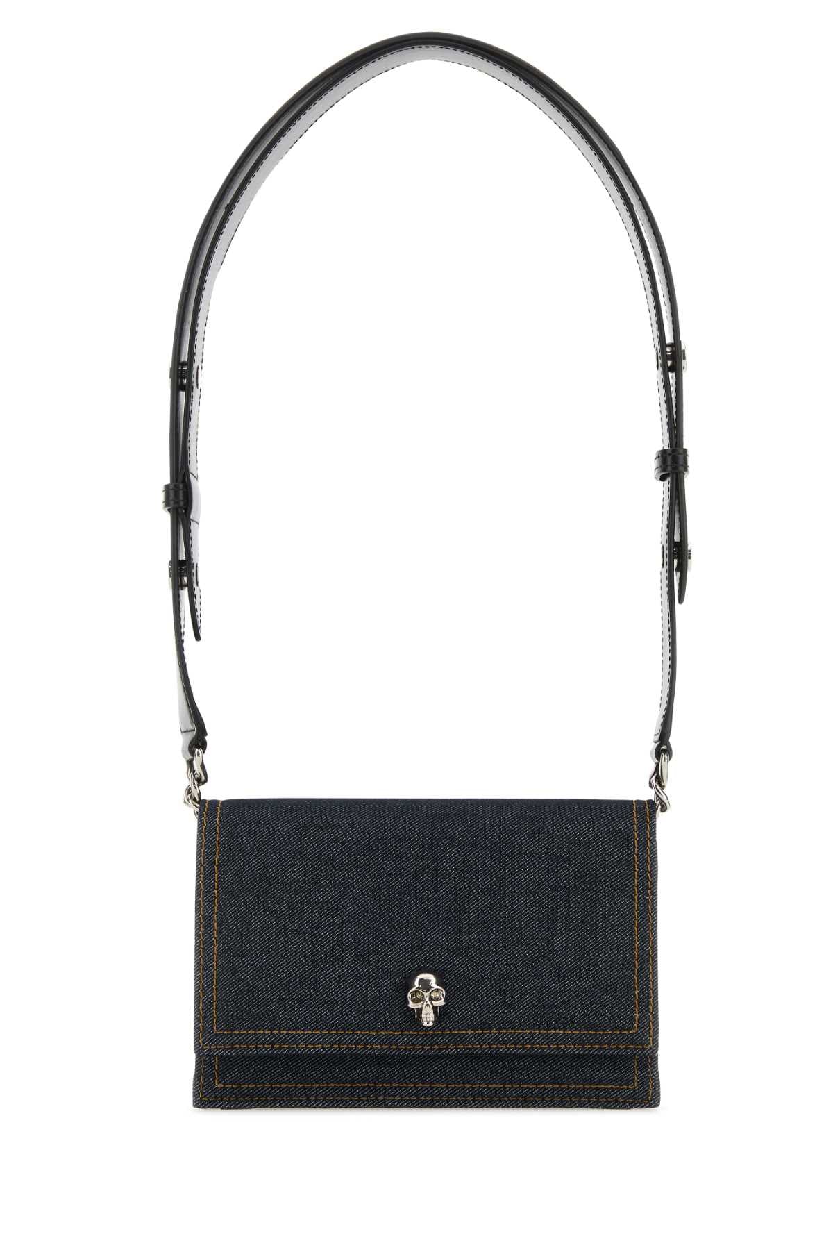 Alexander Mcqueen Women Dark Blue Denim Small Biker Skull Shoulder Bag