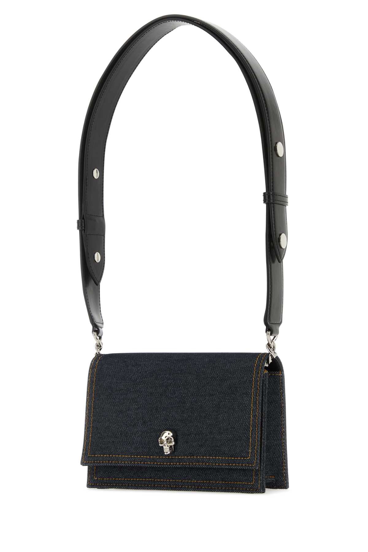 Alexander Mcqueen Women Dark Blue Denim Small Biker Skull Shoulder Bag