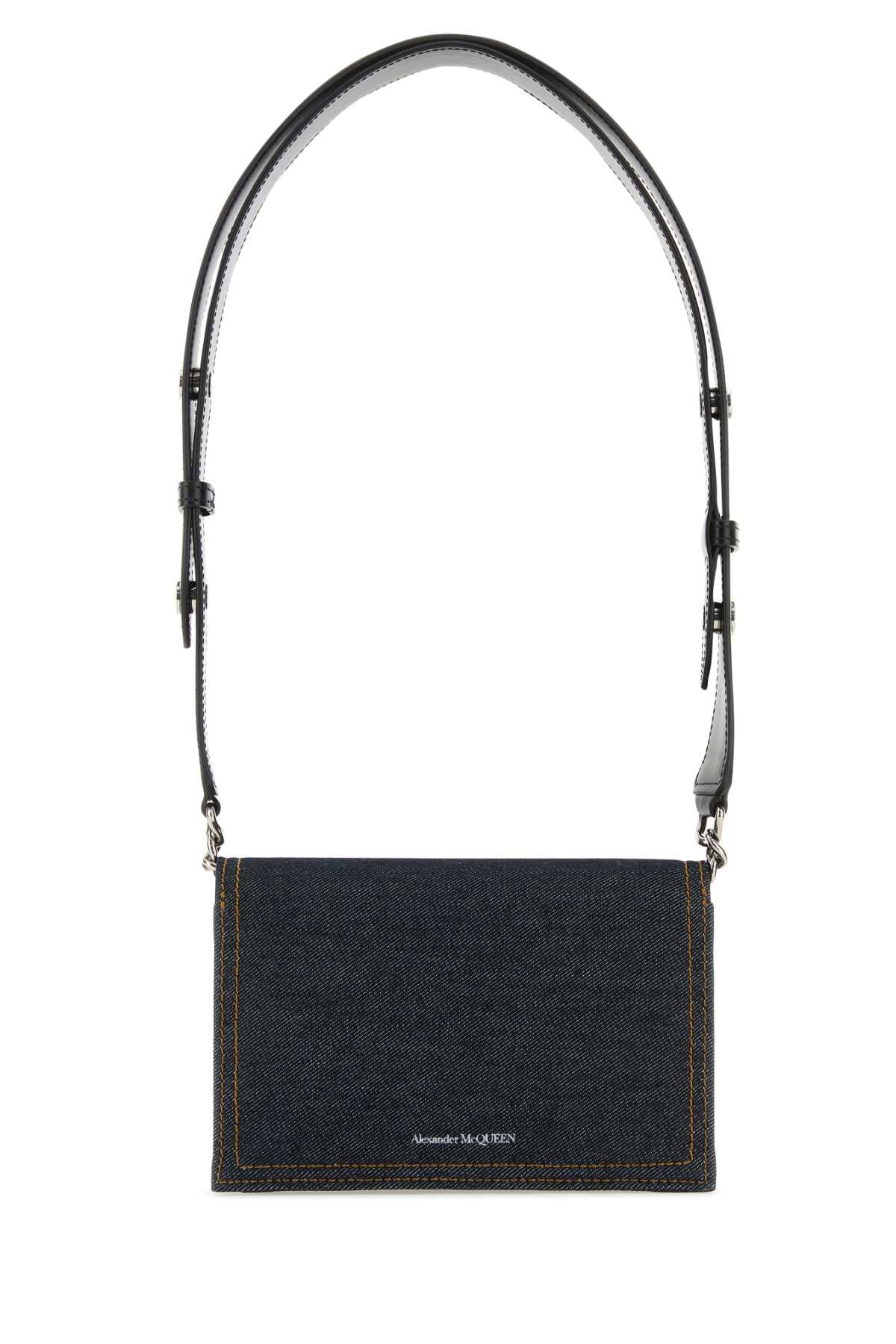 Alexander Mcqueen Women Dark Blue Denim Small Biker Skull Shoulder Bag