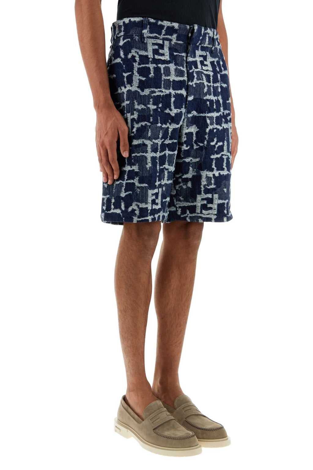 Fendi Men Embroidered Denim Bermuda Shorts