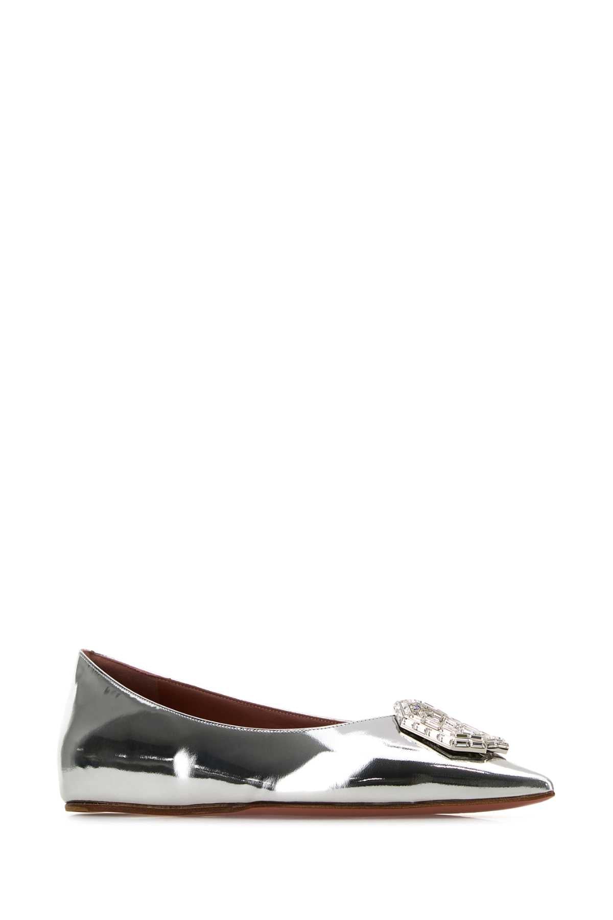 Amina Muaddi Women Silver Leather Camelia Ballerinas