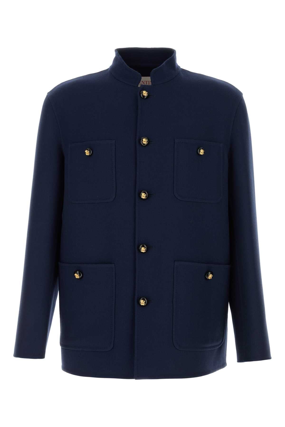 Valentino Garavani Men Navy Blue Wool Blend Jacket