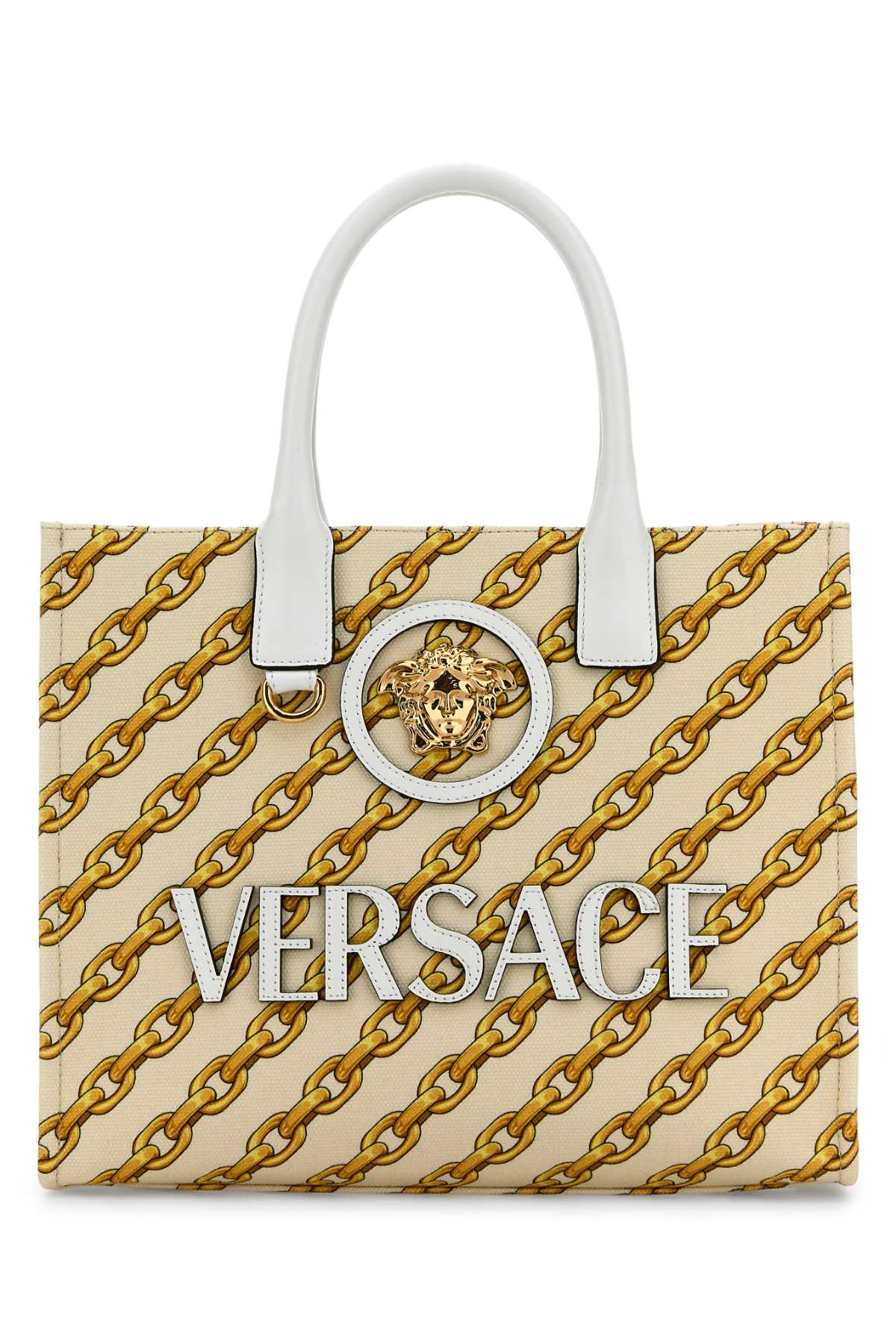 Versace Women Printed Canvas Small Chain Stripes La Medusa Shopping Bag