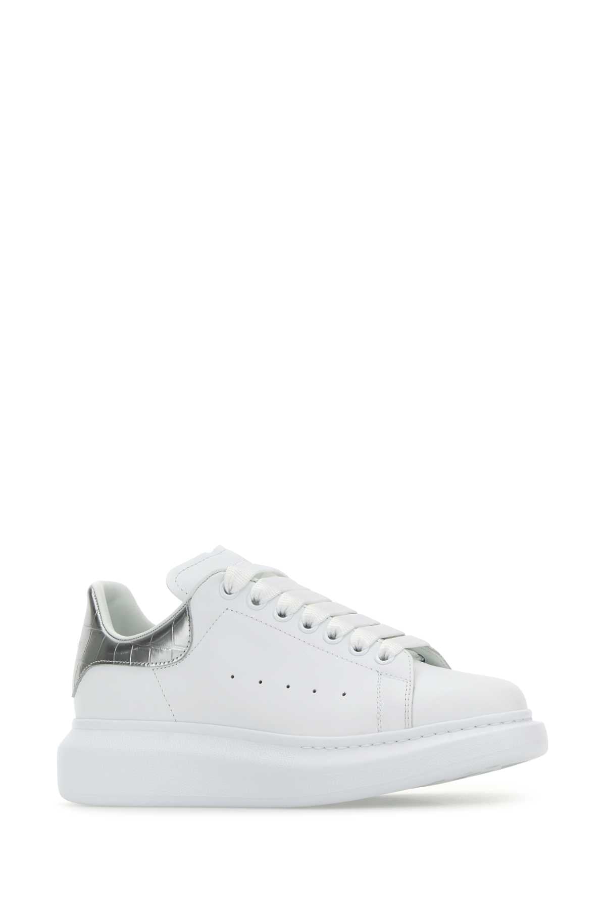 Alexander Mcqueen Women White Leather Sneakers With Silver Leather Heel