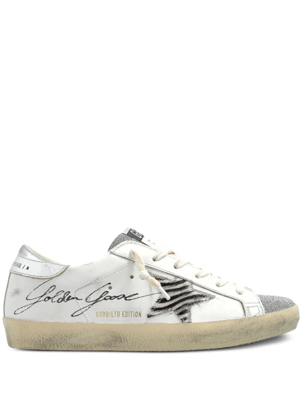 Golden Goose Women "Super Star" Leather Upper With Signature Crystal Toe And Tongue Zebra Horsy Star Laminated Heel