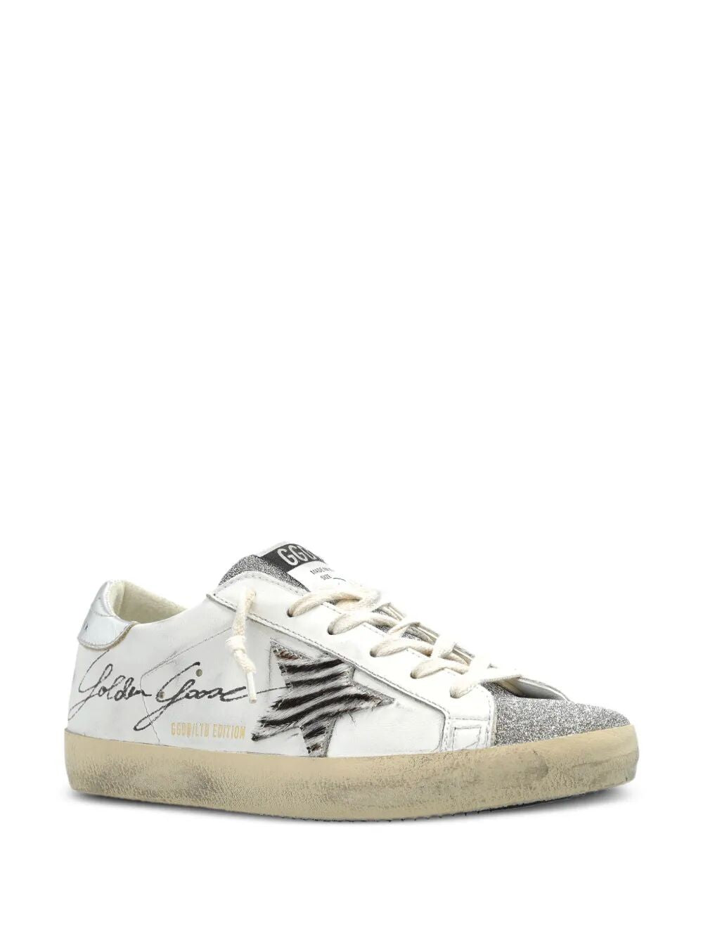 Golden Goose Women "Super Star" Leather Upper With Signature Crystal Toe And Tongue Zebra Horsy Star Laminated Heel