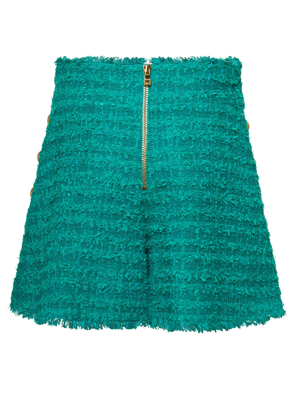 Balmain Women Green Shorts High Waist With Pinces And Fringed Hem In Tweed Woman