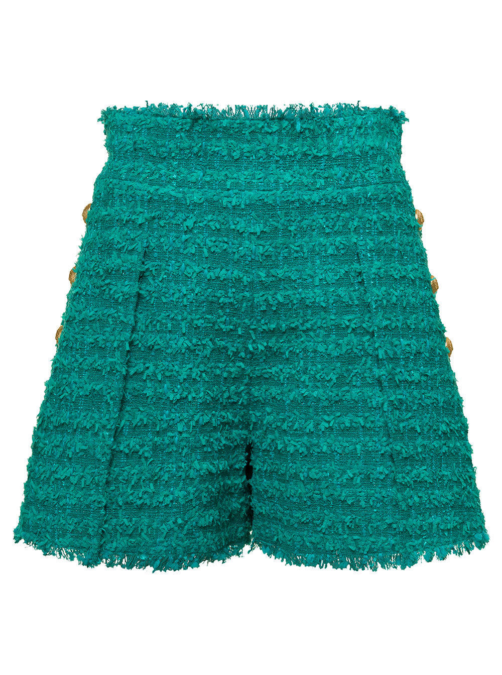 Balmain Women Green Shorts High Waist With Pinces And Fringed Hem In Tweed Woman