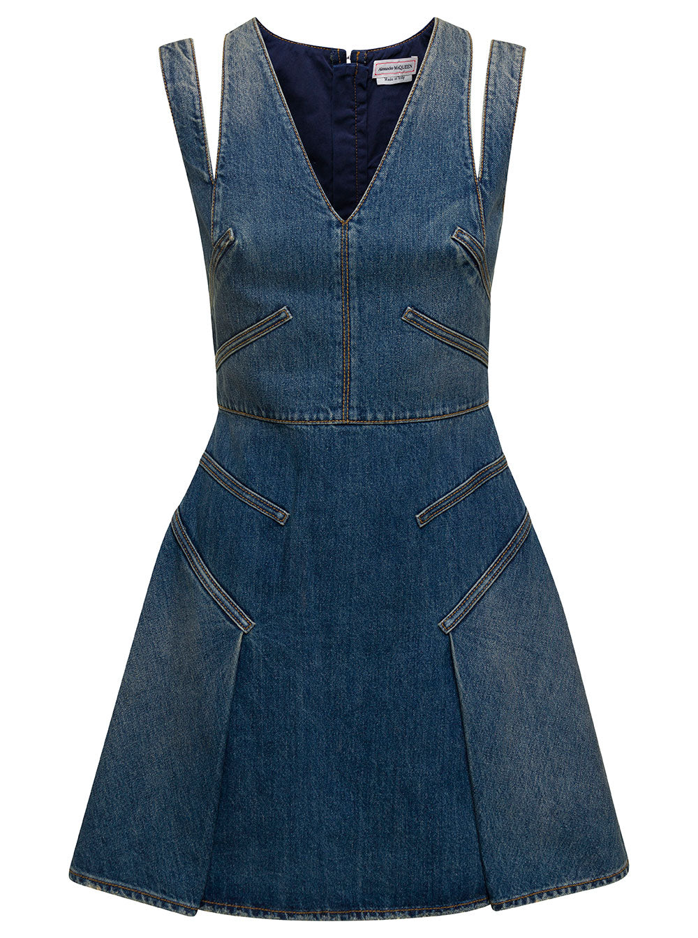 Alexander Mcqueen Women Blue Mini Dress With Cut-Out Detail And Pleated Skirt In Cotton Denim Woman