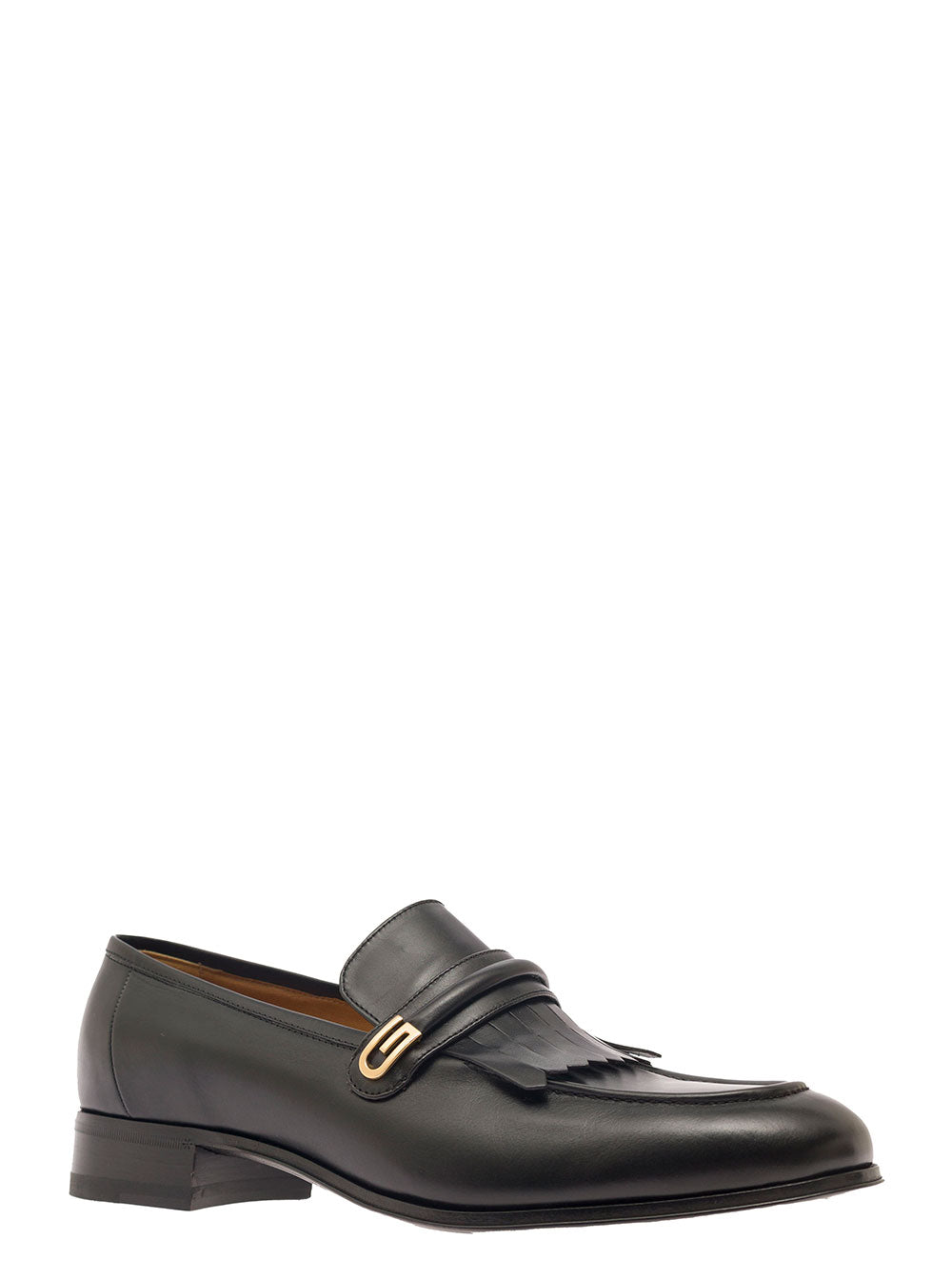 Gucci Men Black Loafers With Fringes And Double G In Smooth Leather Man