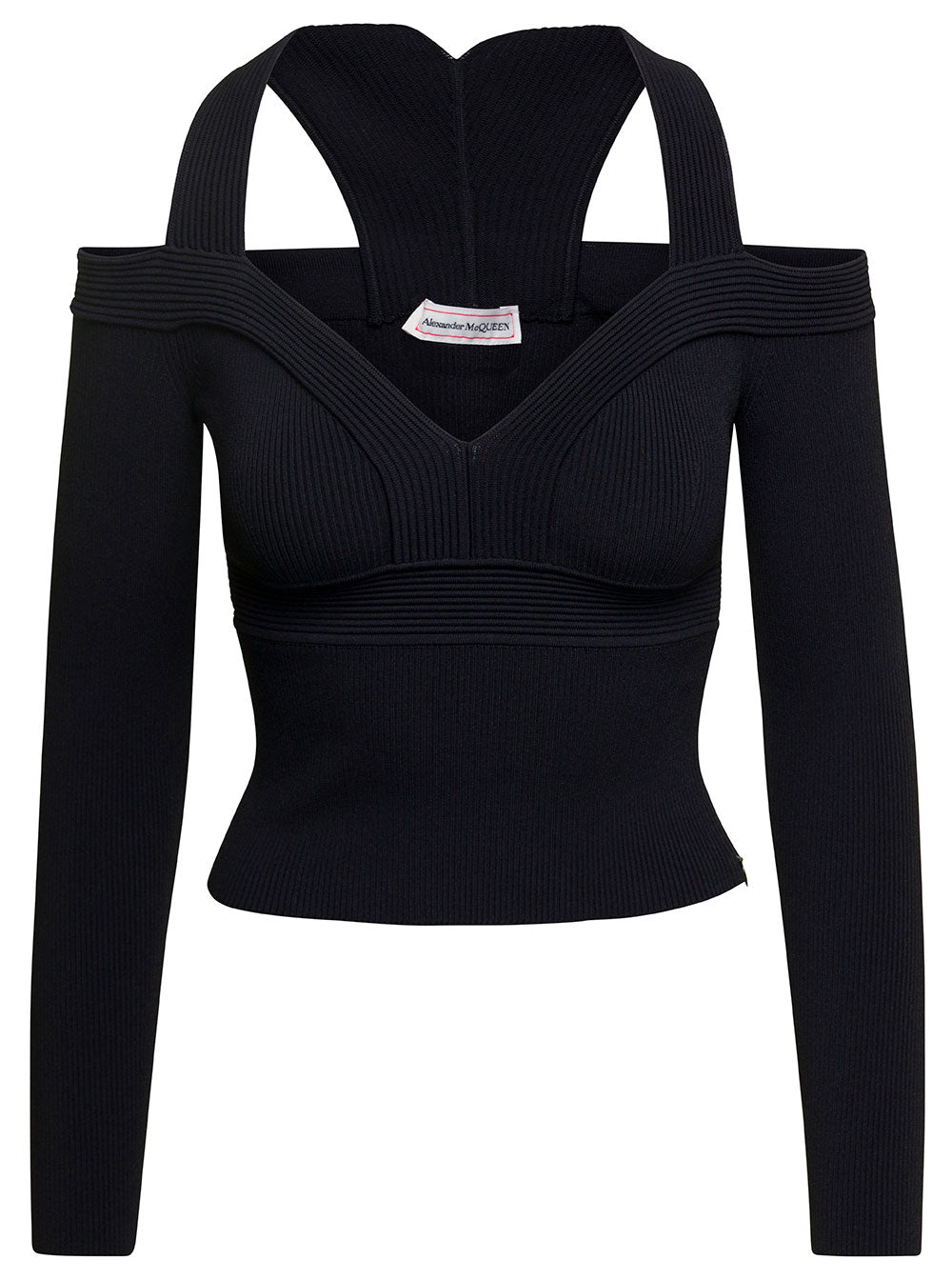 Alexander Mcqueen Women Black Cropped Top With Cut-Out Details Black In Jersey Stretch Woman