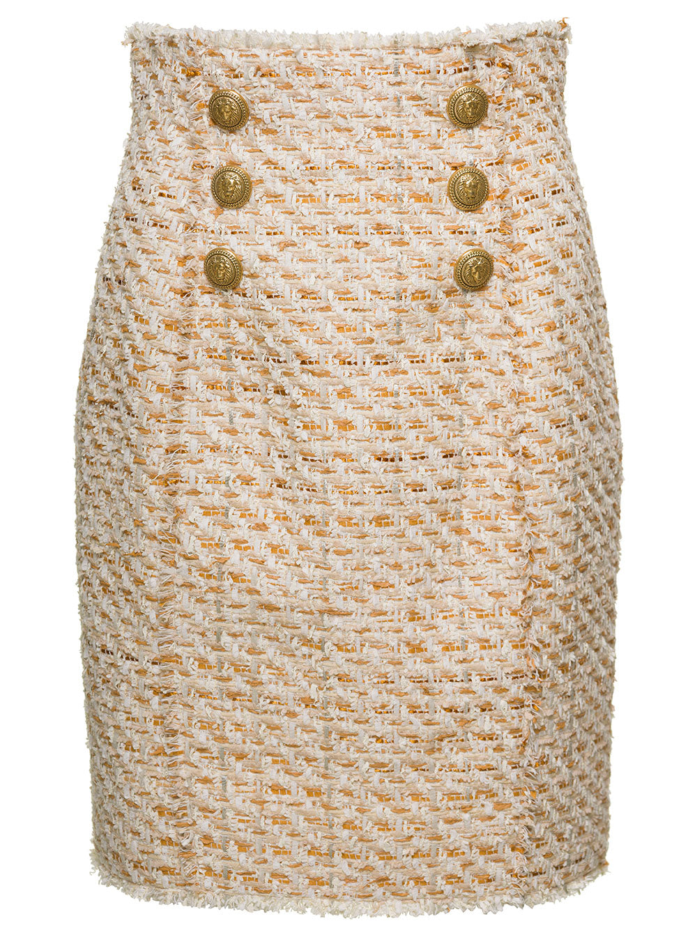 Balmain Women Beige Tweed Skirt With Front Golden Buttons In Cotton Blend Woman