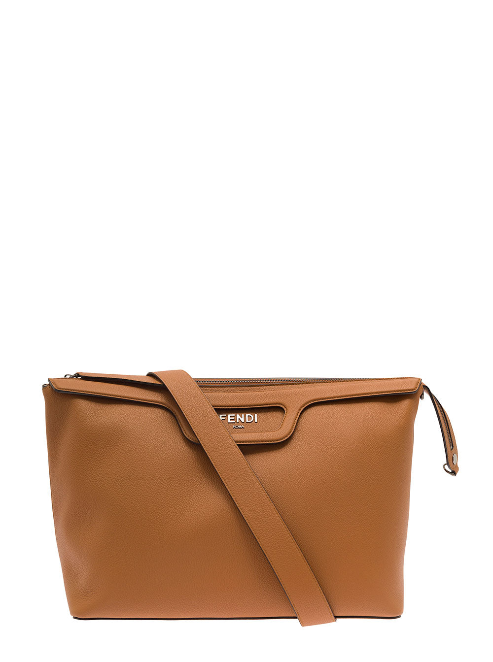 Fendi Men 'Duffle' Brown Handlebag With Front Metal Logo In Full-Grain Leather