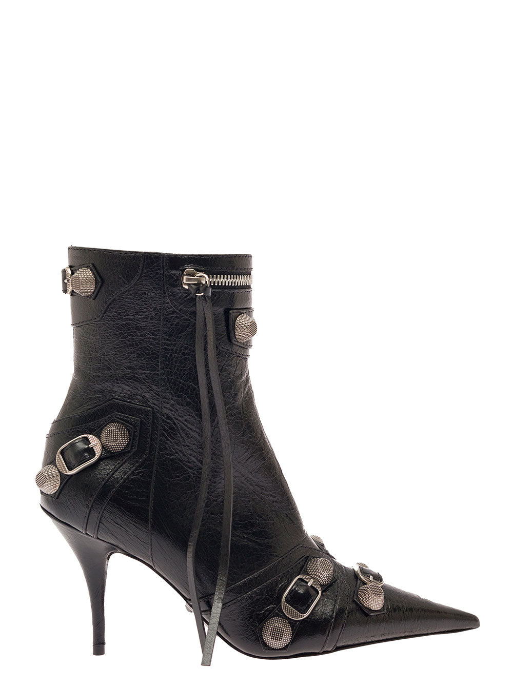 Balenciaga Women 'Cagole' Black Pointed Bootie With Studs And Buckles In Leather Woman