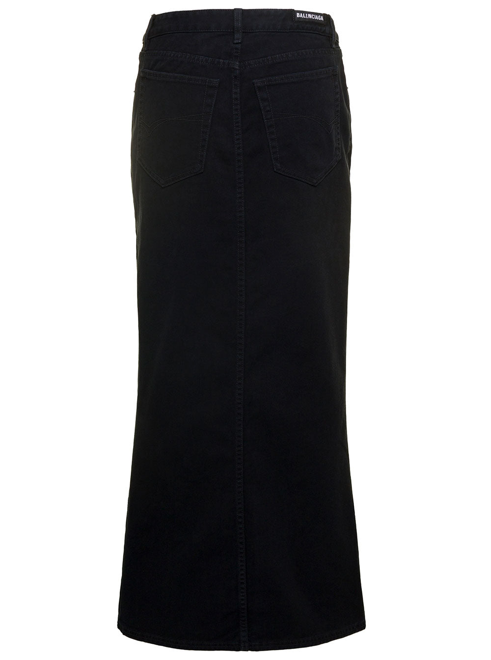 Balenciaga Women Maxi Black Skirt With Logo Patch At The Back In Cotton Denim Woman