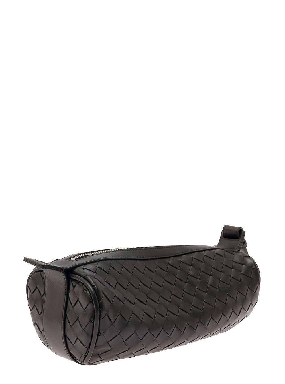 Bottega Veneta Men 'Cannolo' Black Crossbody Bag With Intreccio Motif In Leather Man
