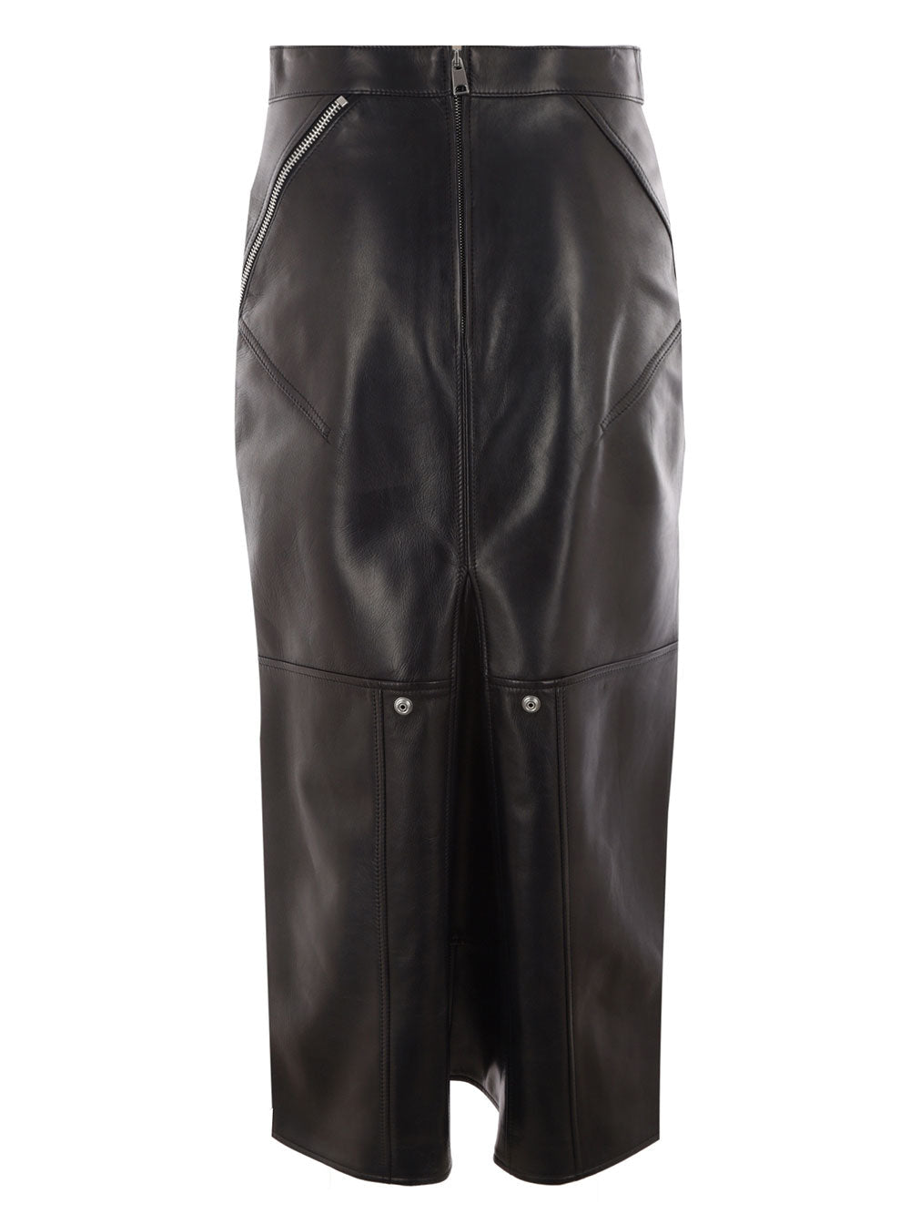 Alexander Mcqueen Women Long Black Skirt With Zip Embellishment In Smooth Leather Woman