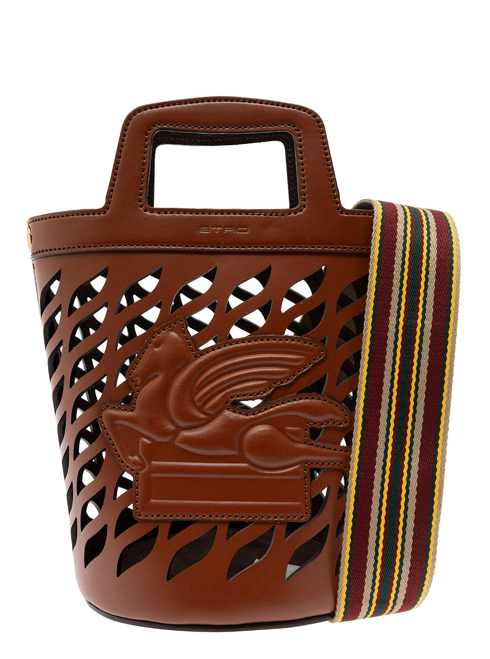Etro Women Brown Bucket Bag With Multicolor Shoulder Strap And Pegasus Detail In Perforated Leather Woman