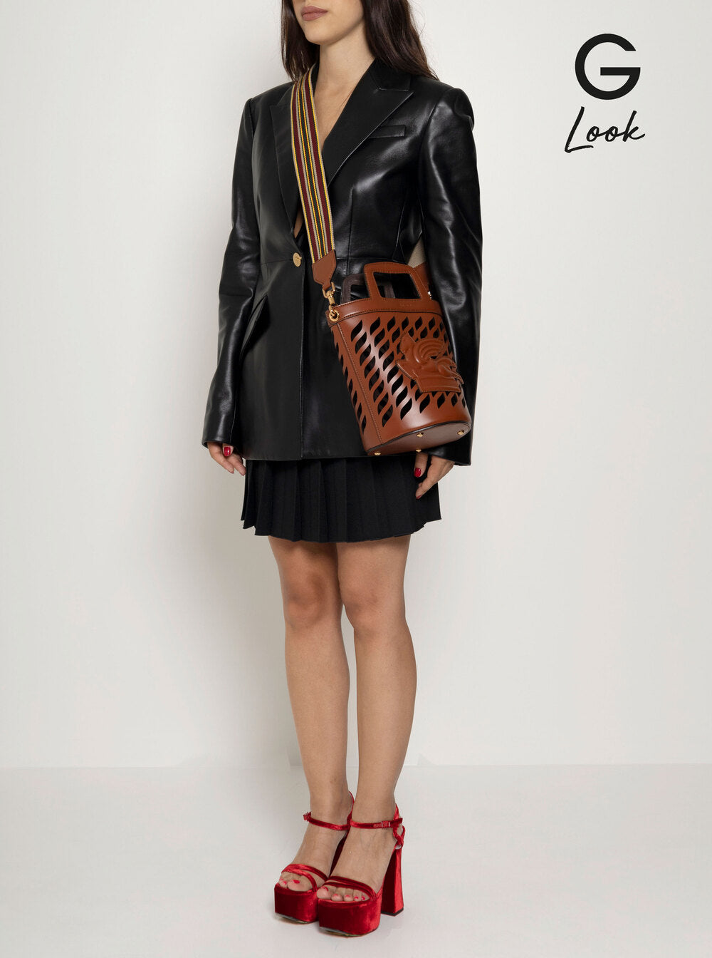 Etro Women Brown Bucket Bag With Multicolor Shoulder Strap And Pegasus Detail In Perforated Leather Woman