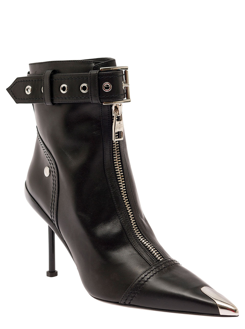 Alexander Mcqueen Women Black Ankle Boots With Buckle And Zip Closure In Leather Women